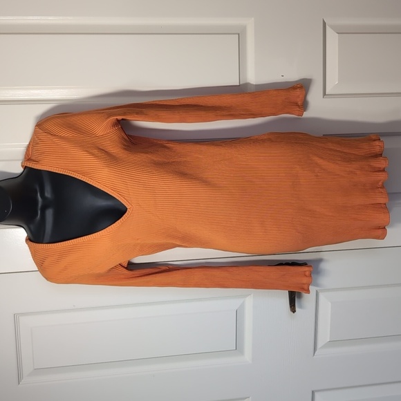 Aritzia Wilfred Free Orange Ribbed Long Sleeve Bodycon Mini dress Size Large - Picture 2 of 8